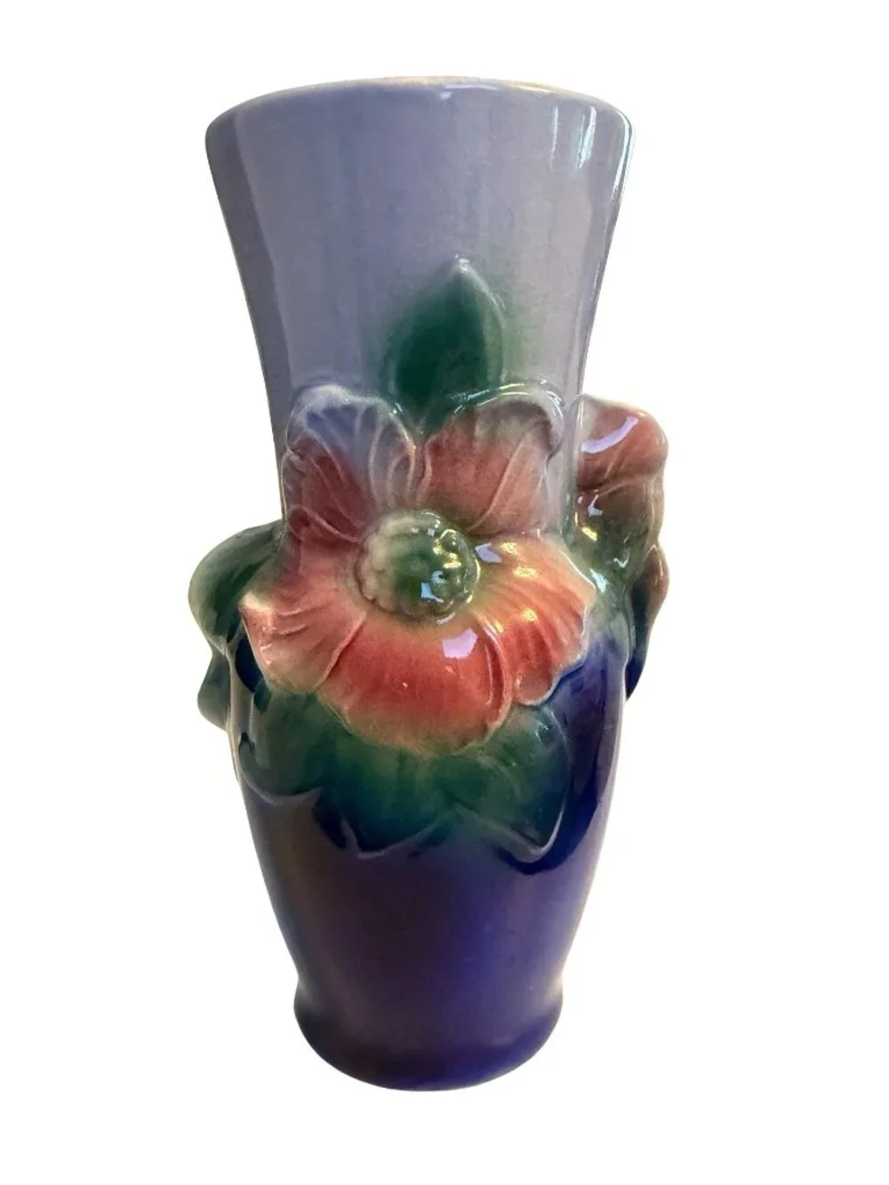 Vintage Royal Copley Floral Vase Blue Pink Green Raised Flower Ceramic 7
